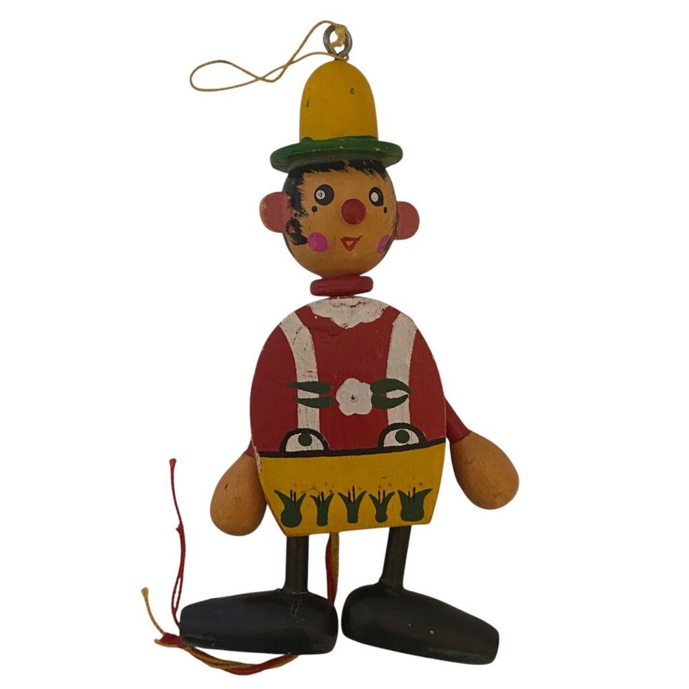 Vintage‎ Wooden Alpine Pull Toy Clown Jumping  Jack Ornament 6" Christmas
